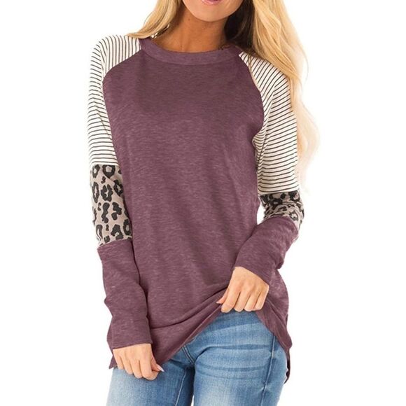 Boho Long Sleeve Leopard Wine Red Block Tunic Top Shirt - Picture 1 of 7